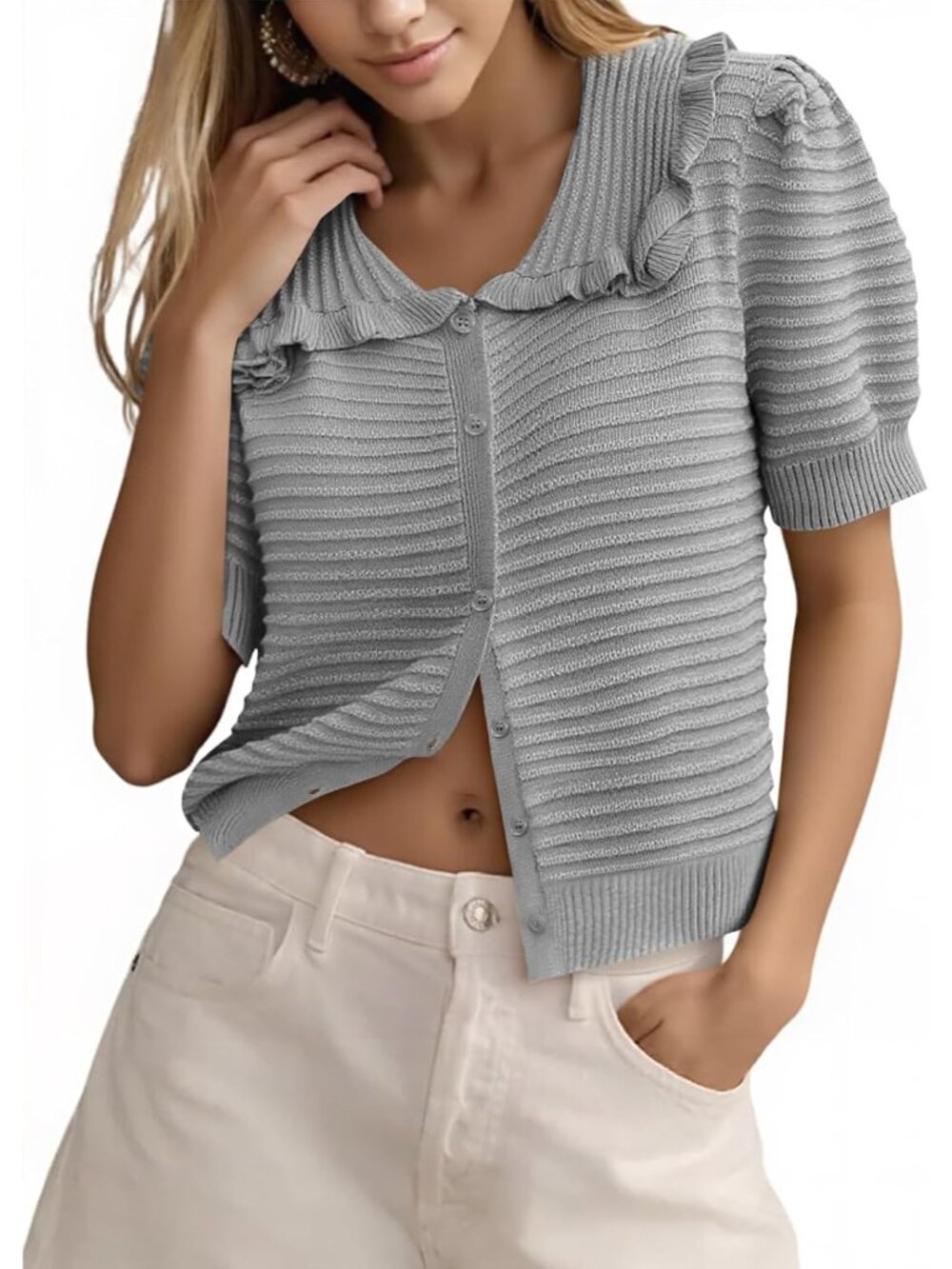 Women's Grey Short Sleeve Button Up Imported Tops Causal Cardigan Sweater